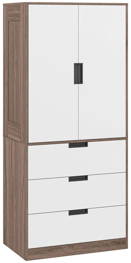 HOMCOM Armário 2 portas, armário moderno com 3 gavetas e barra para pendurar para quarto, marron | Aosom Portugal