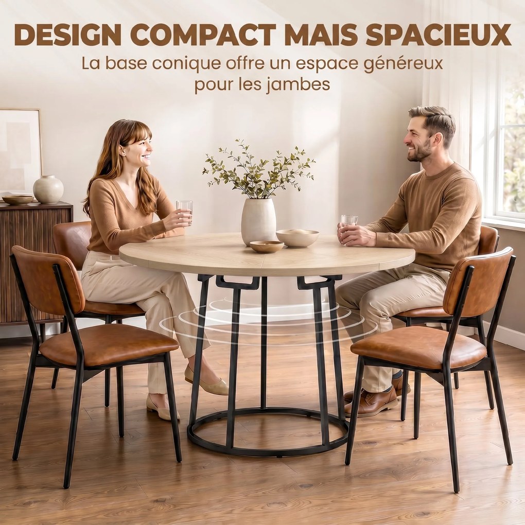 Mesa de jantar redonda para 4 a 6 pessoas, Ø 120 x 75 cm (CADEIRAS NÃO INCLUIDAS), mesa de cozinha com base cónica em metal, cor madeira natural