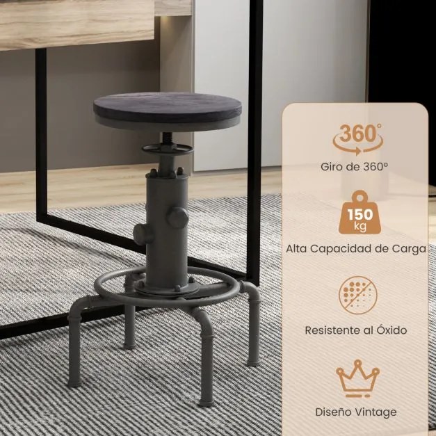 Banco de bar de estilo industrial vintage Altura ajustável 59,5-75 cm com apoio para os pés Cadeira de jantar para bar restaurante