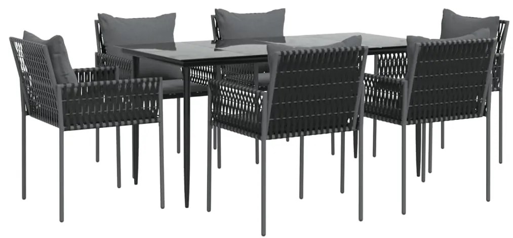 7 pcs conjunto de jantar p/ jardim c/ almofadões vime PE e aço