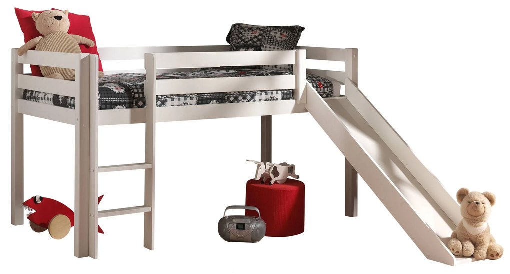 Conjunto Cama alta de Criança PINO 90 x 200 cm + estrado + escada + escorrega + cortina + 3 bolsas + túnel Pássaros branca