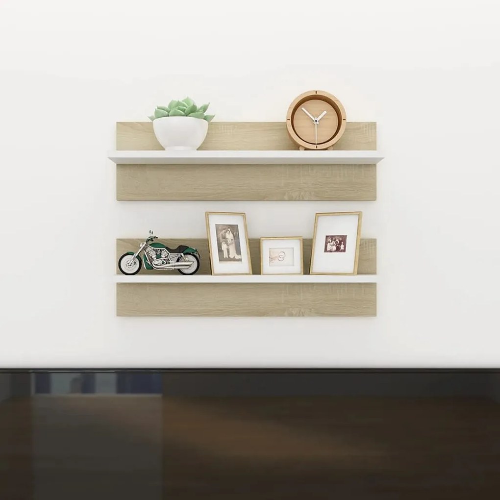 vidaXL Estantes de parede 2 pcs 60x11,5x18 cm contrapl. branco/sonoma