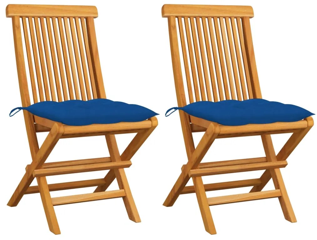 vidaXL Cadeiras de jardim c/ almofadões azuis 2 pcs teca maciça