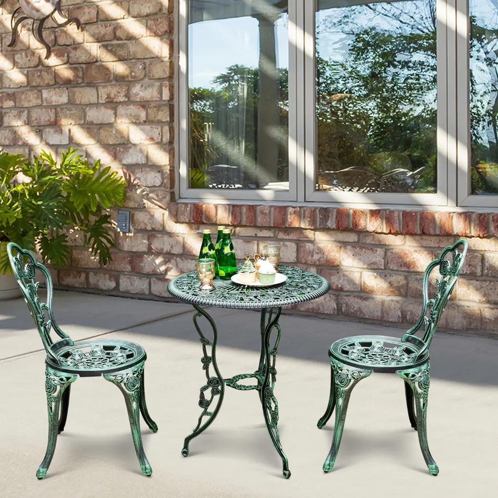 Conjunto de jardim com Mesa Redonda com Furo para Guarda-sol e 2 Cadeiras de Jardim em Ferro Fundido e Alumínio