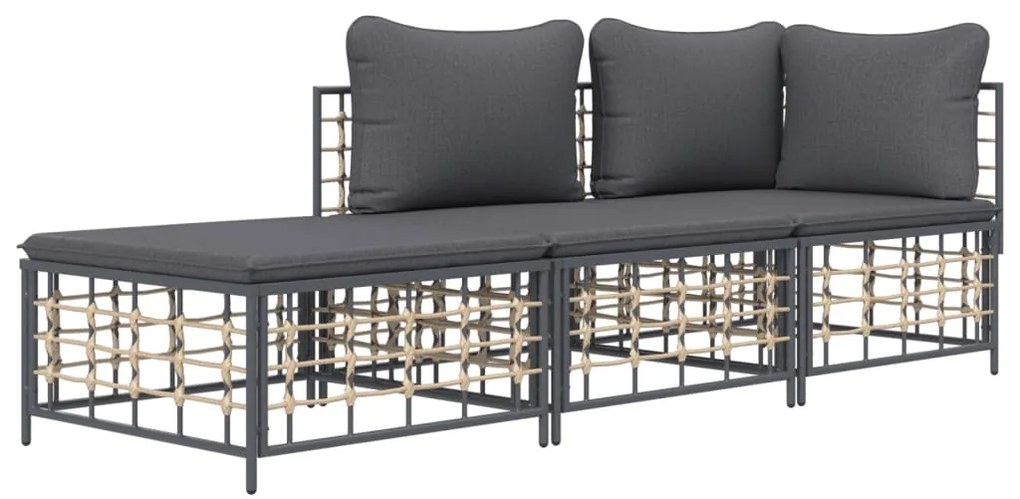 3 pcs conjunto lounge de jardim c/ almofadões vime PE antracite
