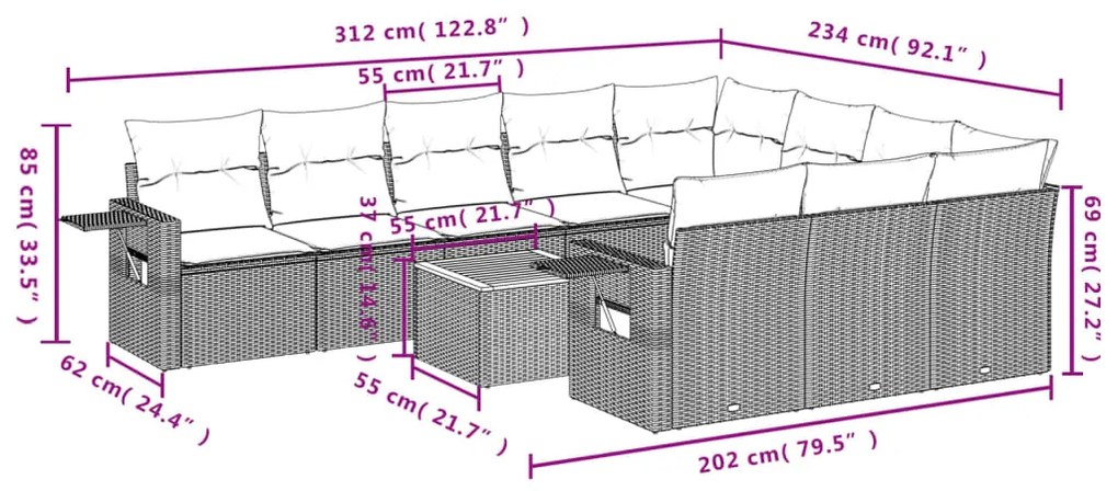 11 pcs conjunto sofás de jardim c/ almofadões vime PE bege