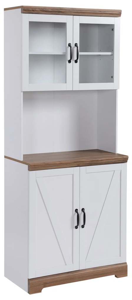 HOMCOM Armário de Cozinha com 2 Portas de Vidro Prateleiras Ajustáveis Bancada e Sistema Anti-Tombo 72x40x178cm Branco e Madeira | Aosom Portugal