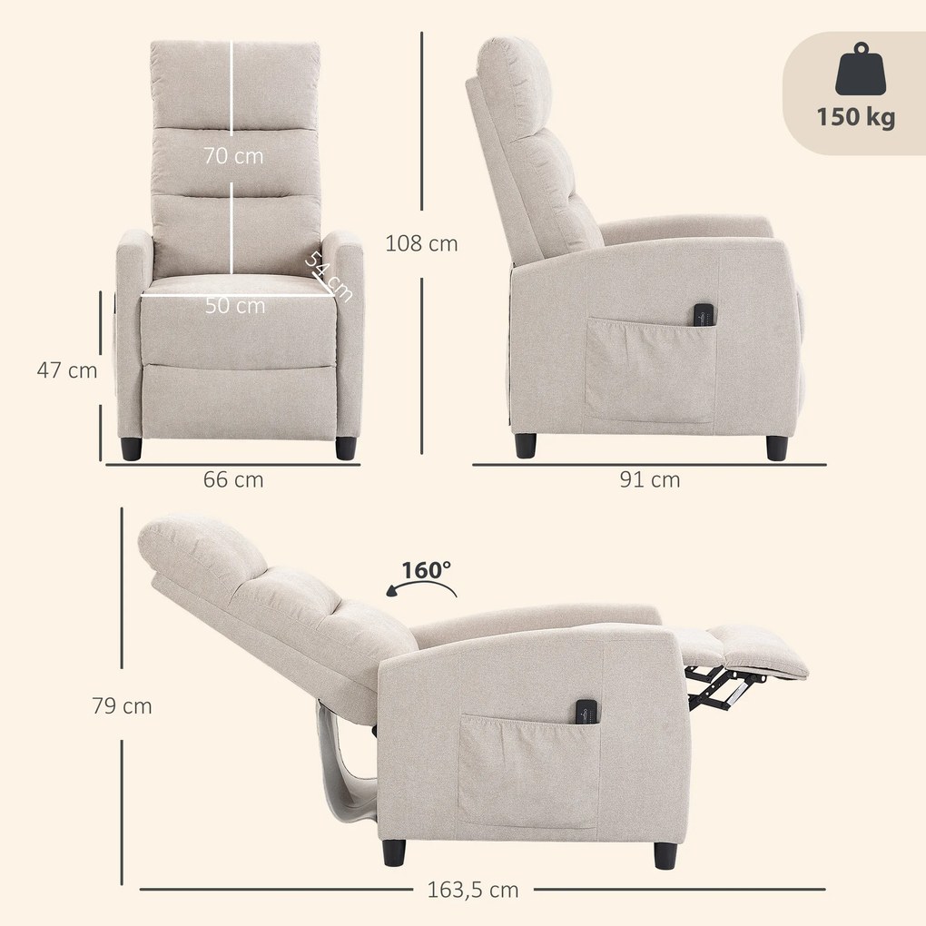 Poltrona de Massagem Reclinável com Apoio para Pés, 2 Zonas de Massagem, Encosto Alto, Bolsos, Estofada em Chenille Creme