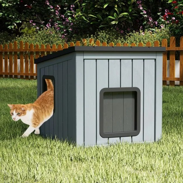 Casota para animais de estimação 62,5 cm x 54 cm x 56,5 cm isolada exterior e interior com 2 portas em PVC e telhado inclinado para gatos, cães pequen
