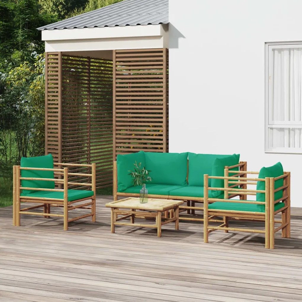 5 pcs conjunto lounge de jardim bambu c/ almofadões verdes