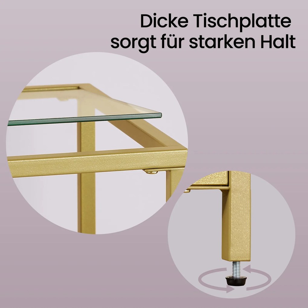 Mesa consola em vidro e metal 35 x 100 x 80 cm, com prateleiras, para corredor ou sala de estar dourado