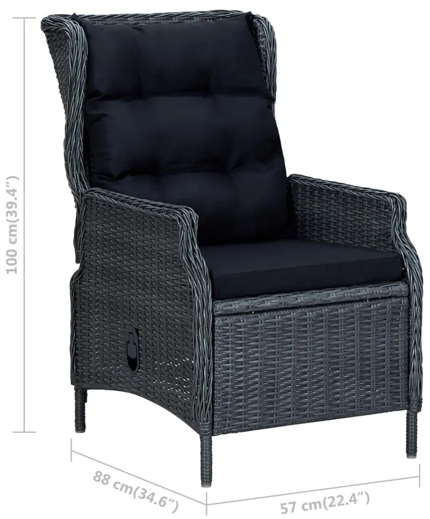 3 pcs conj. lounge jardim c/ almofadões vime PE cinzento-escuro