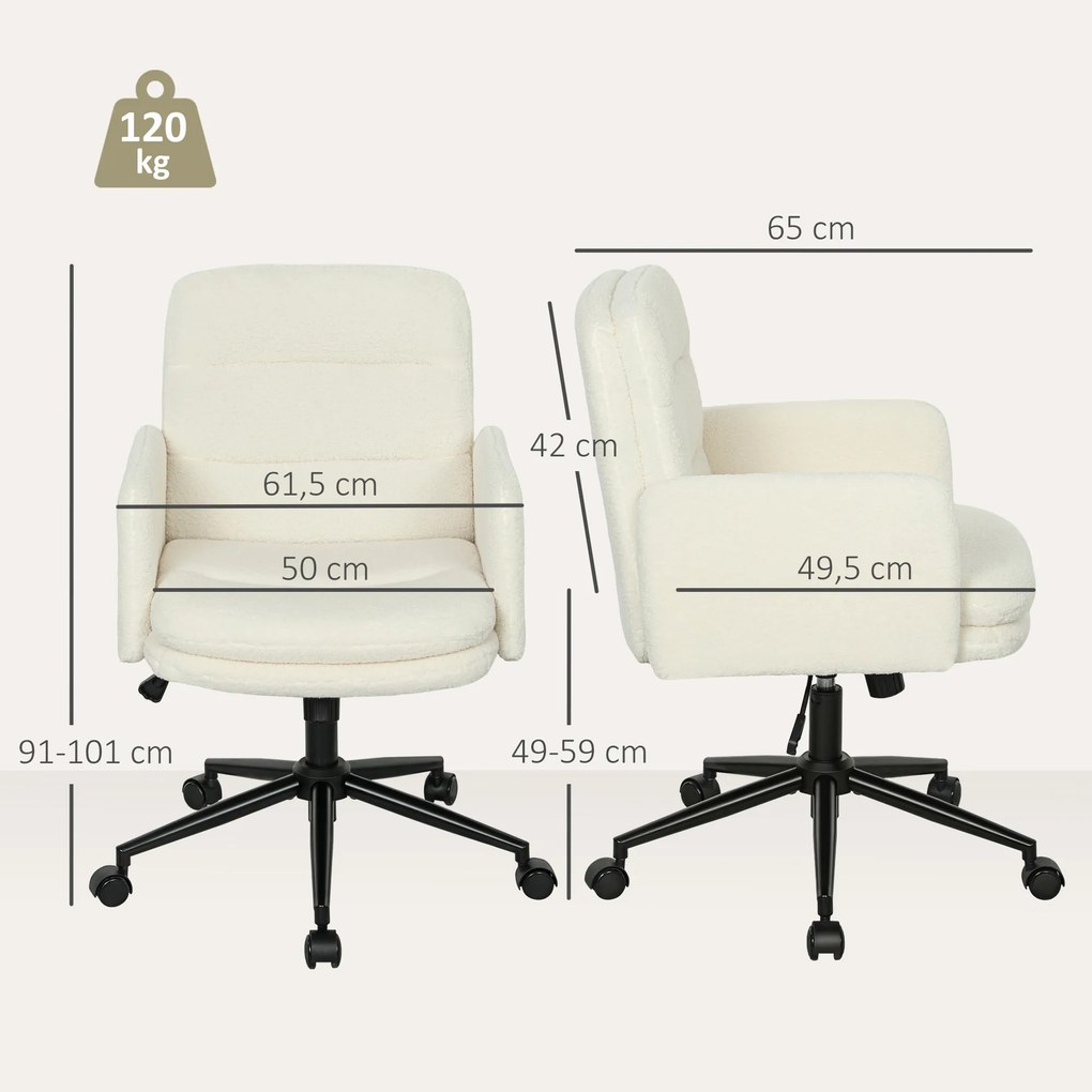 Cadeira de escritório, cadeira giratória de escritório com altura ajustável, função de inclinação, 61,5 x 65 x 91-101 cm, creme