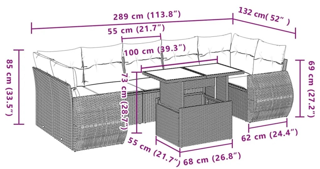 8 pcs conjunto de sofás p/ jardim com almofadões vime PE bege