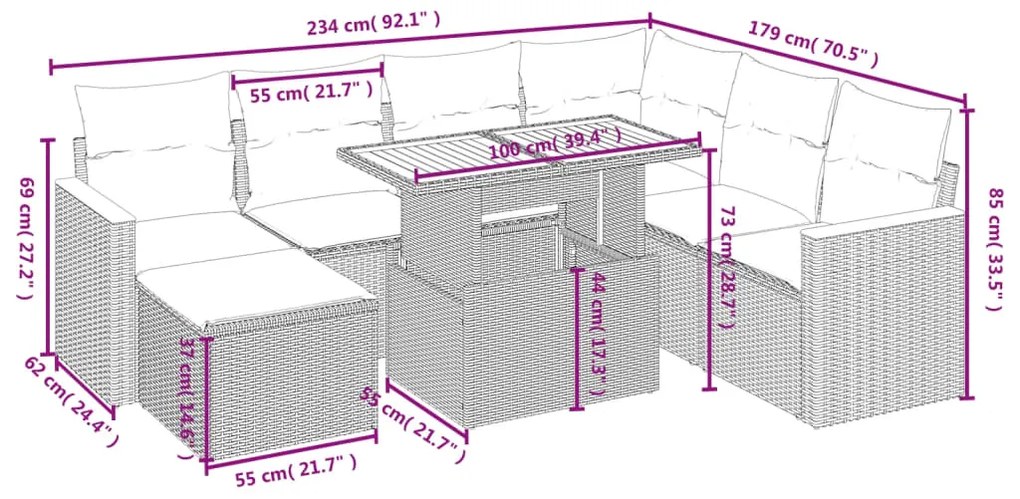 8 pcs conjunto sofás de jardim com almofadões vime PE preto