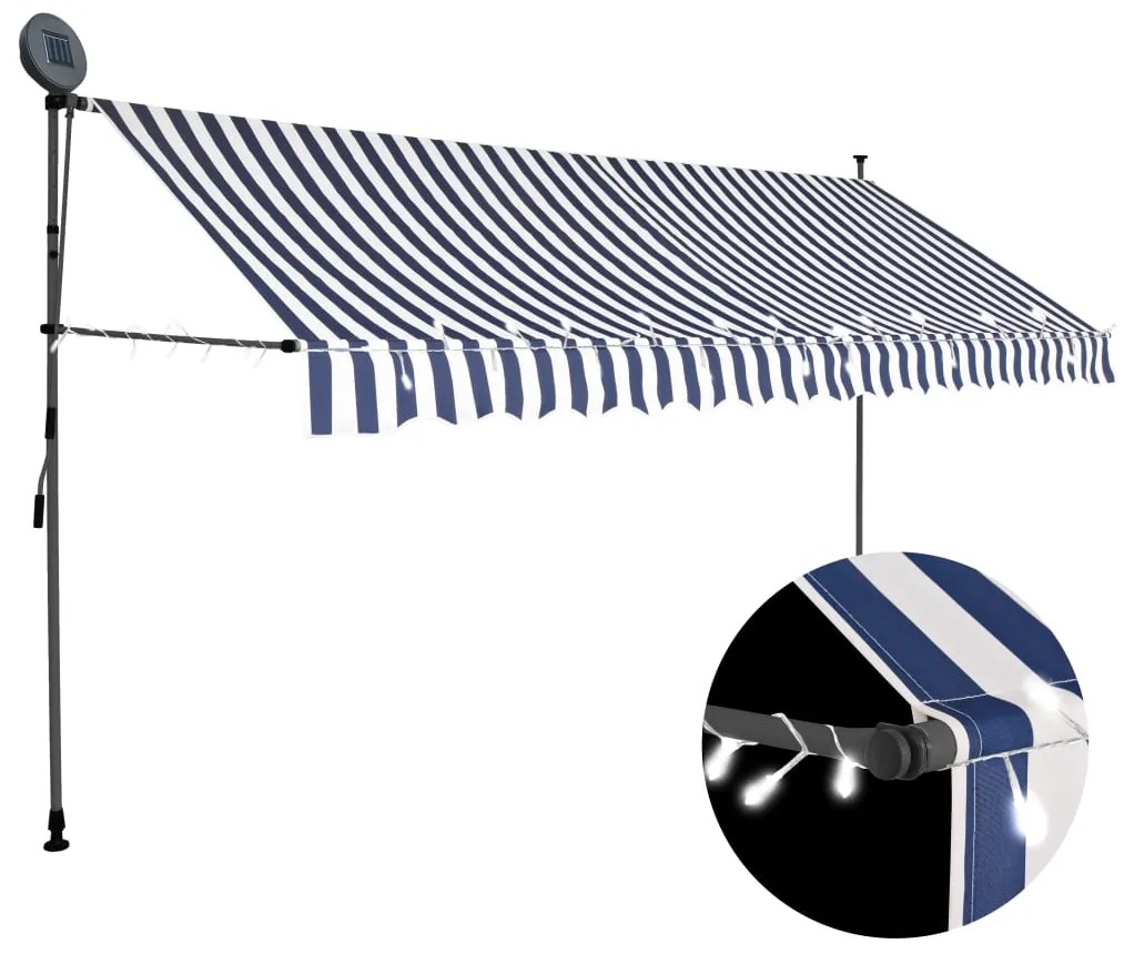 Toldo retrátil manual com LED 350 cm azul e branco