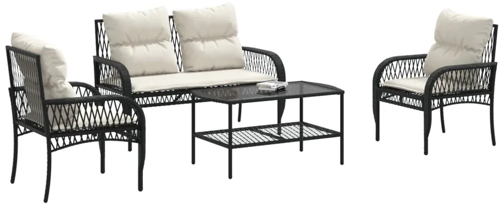 4 pcs conjunto de sofás para jardim c/ almofadões vime PE preto