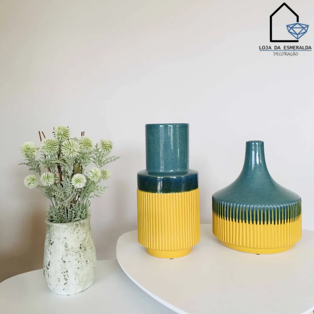 Jarra | Cerâmica | Verde Oceano e Amarelo | 15x15x30CM