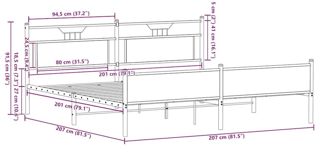 Estrutura de cama sem colchão 200x200cm metal carvalho sonoma