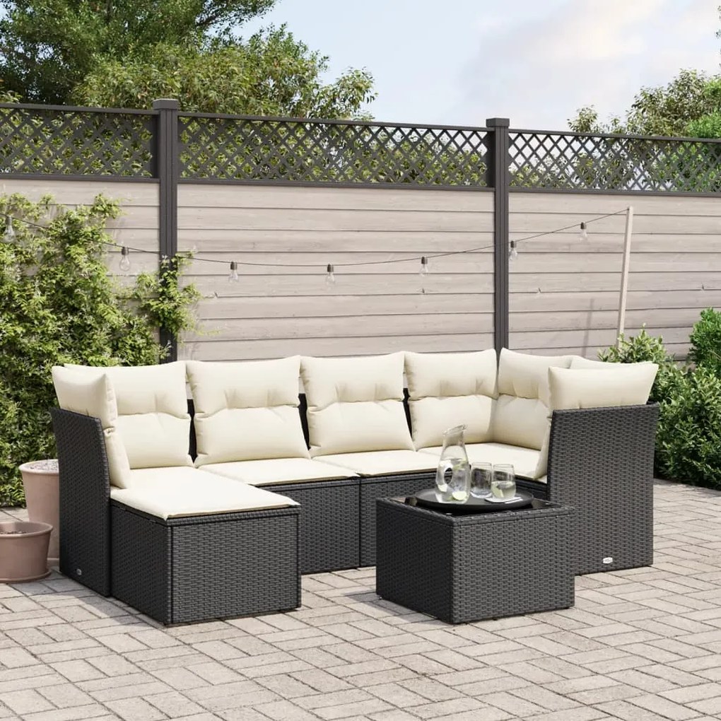 7 pcs conjunto de sofás p/ jardim c/ almofadões vime PE preto