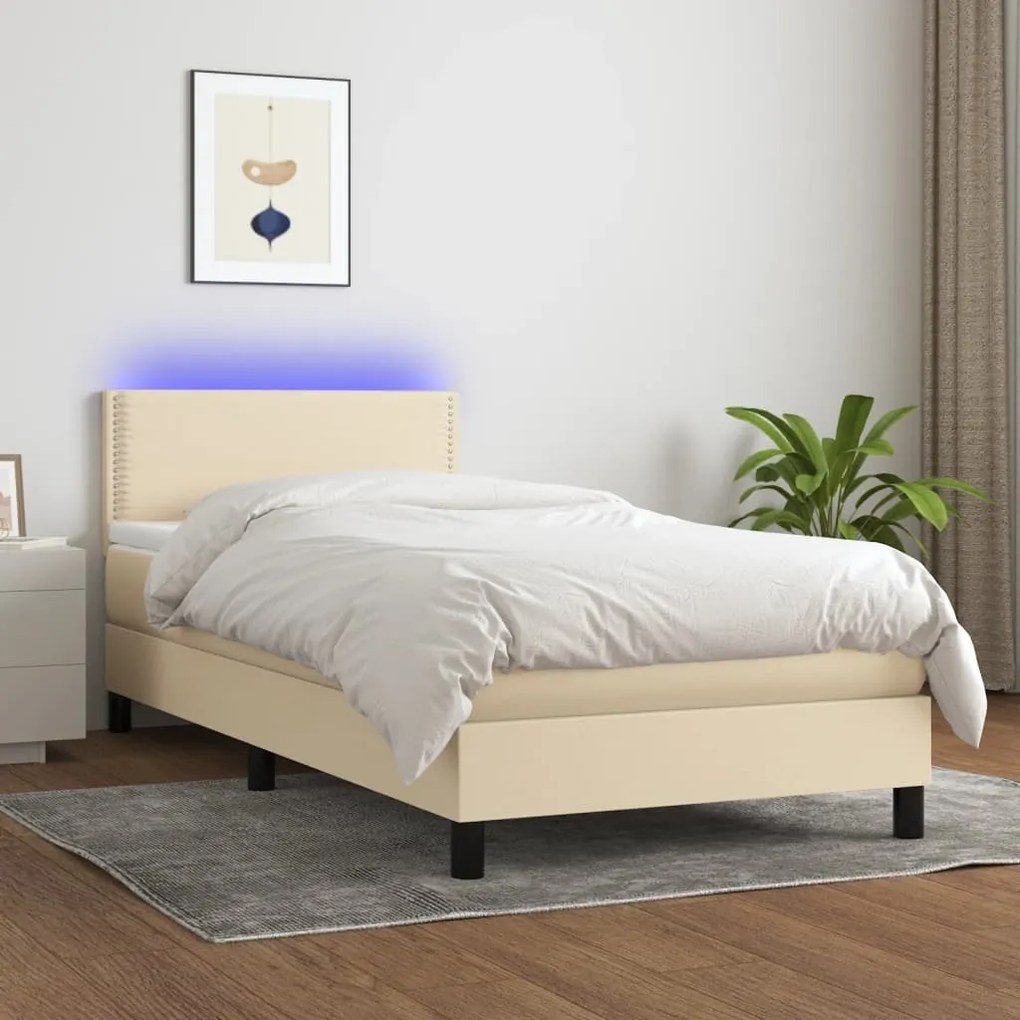 Cama box spring c/ colchão e LED 90x190 cm tecido cor creme