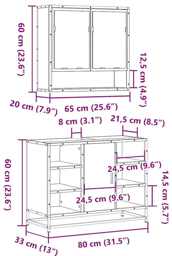 2 pcs conjunto móveis WC derivados de madeira sonoma cinza