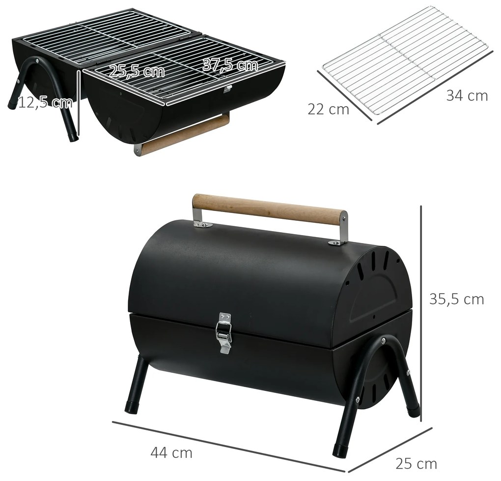 Outsunny Churrasqueira portátil a carvão com 2 grelhadores Cozinha com puxador e fechadura para churrasco Picnic Camping 42x26x42 cm Preto