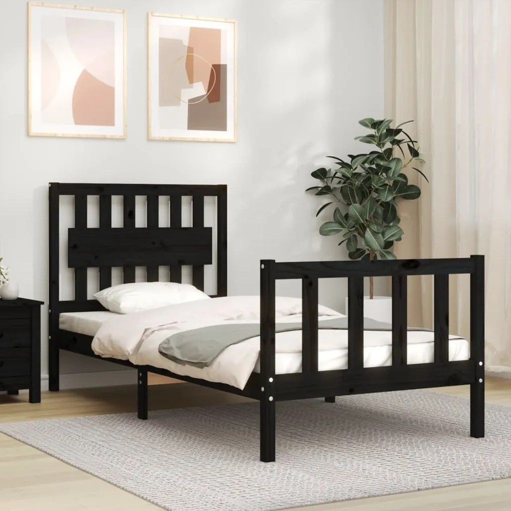 vidaXL Estrutura cama de solteiro c/ cabeceira madeira maciça preto