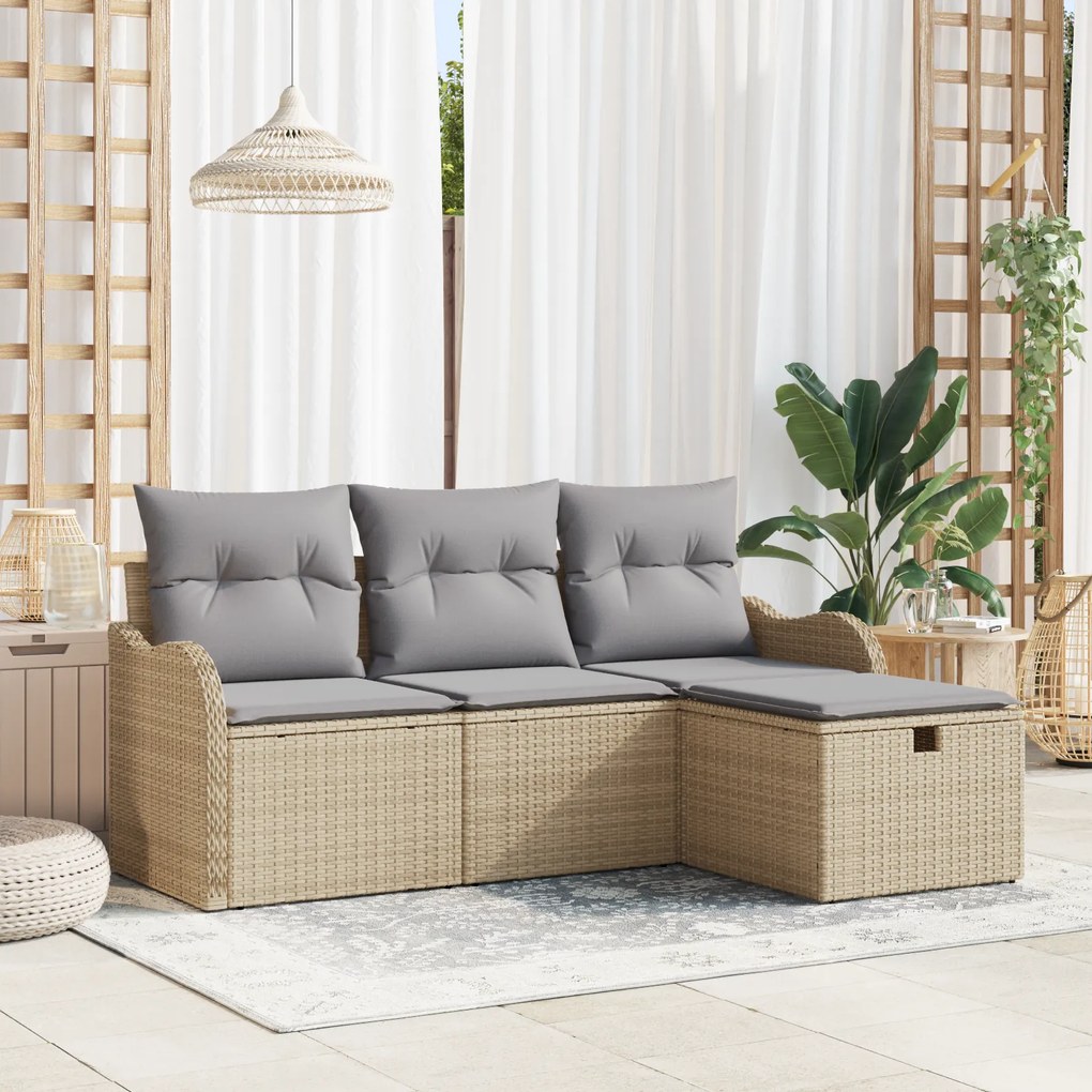 Conjunto de Sofá de Jardim vidaXL 4 Peças com Almofadas Bege de Rattan Poliéster