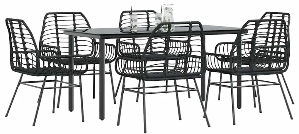 Conjunto de jantar jardim 7 peças vidro vime PE preto