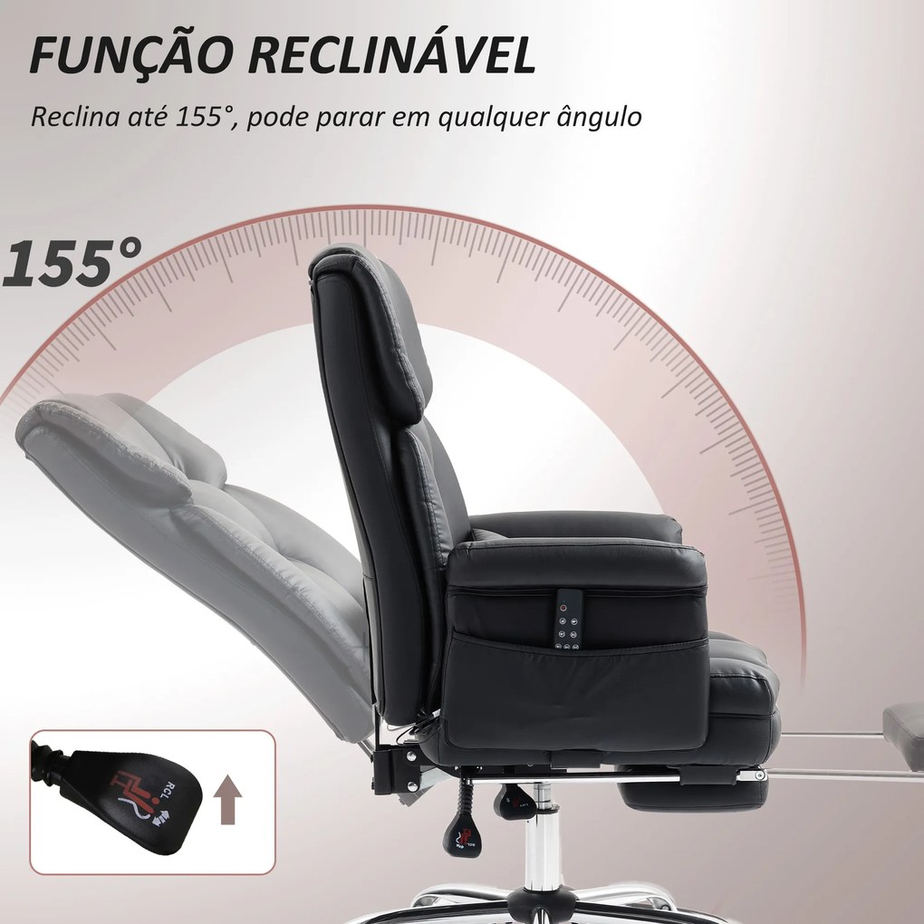 Cadeira de Escritório com Massagem em 6 Pontos Apoio para os Pés Retrátil Controlo Remoto e Suporte Lombar 69x65x115 cm Preto