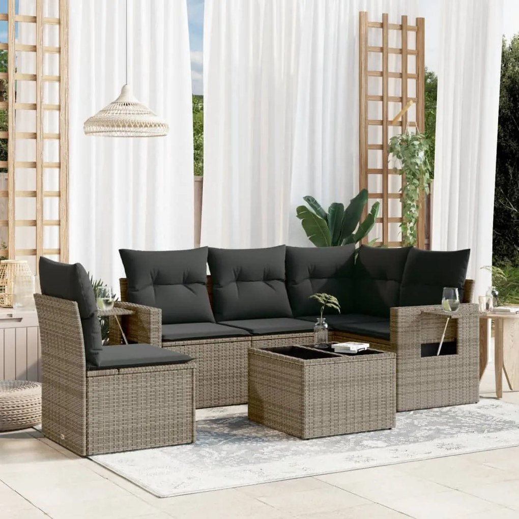 6 pcs conjunto sofás de jardim com almofadões vime cinzento