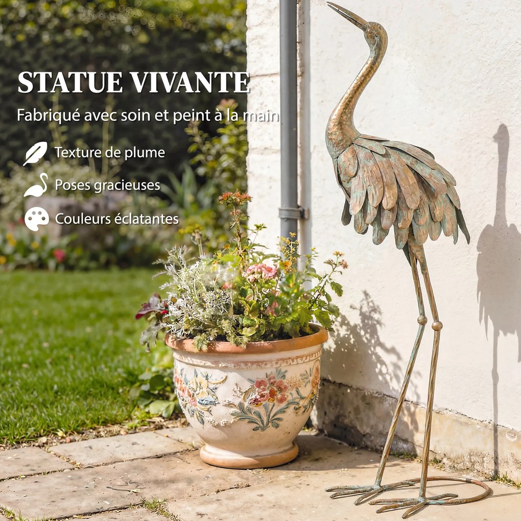 Conjunto de 2 estátuas de jardim, escultura de garça em metal, estátuas de aves 91/95 cm, para pátio, lago, terraço, dourado/azul