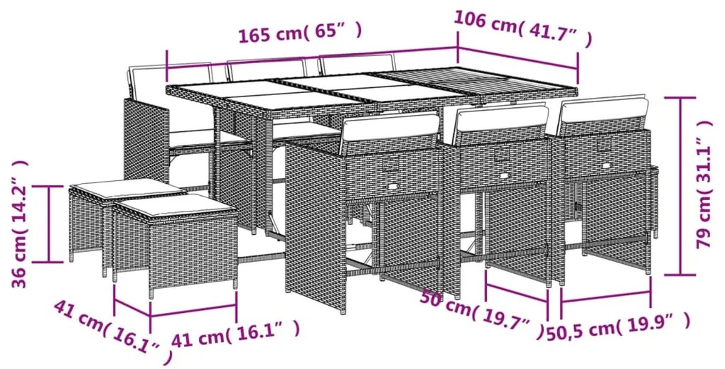 11 pcs conjunto de jantar p/ jardim com almofadões vime PE bege