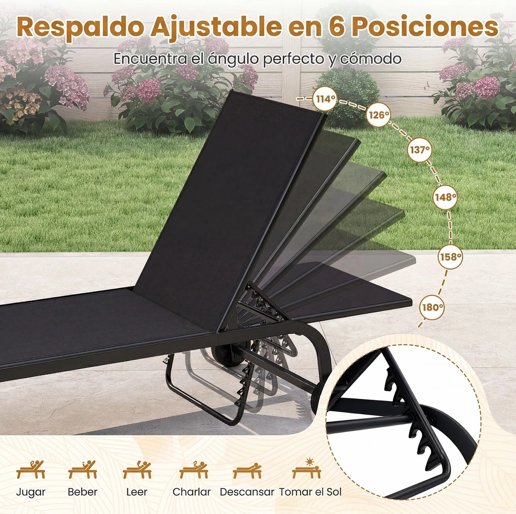Conjunto de 2 Espreguiçadeiras de Exterior, 190 x 69 cm, Encosto Ajustável em 6 Níveis, Preto