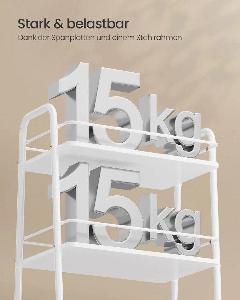 Carrinho multifuncional com 3 níveis e cesto de tecido 43 x 30 x 81 cm Branco-Castanho camelo