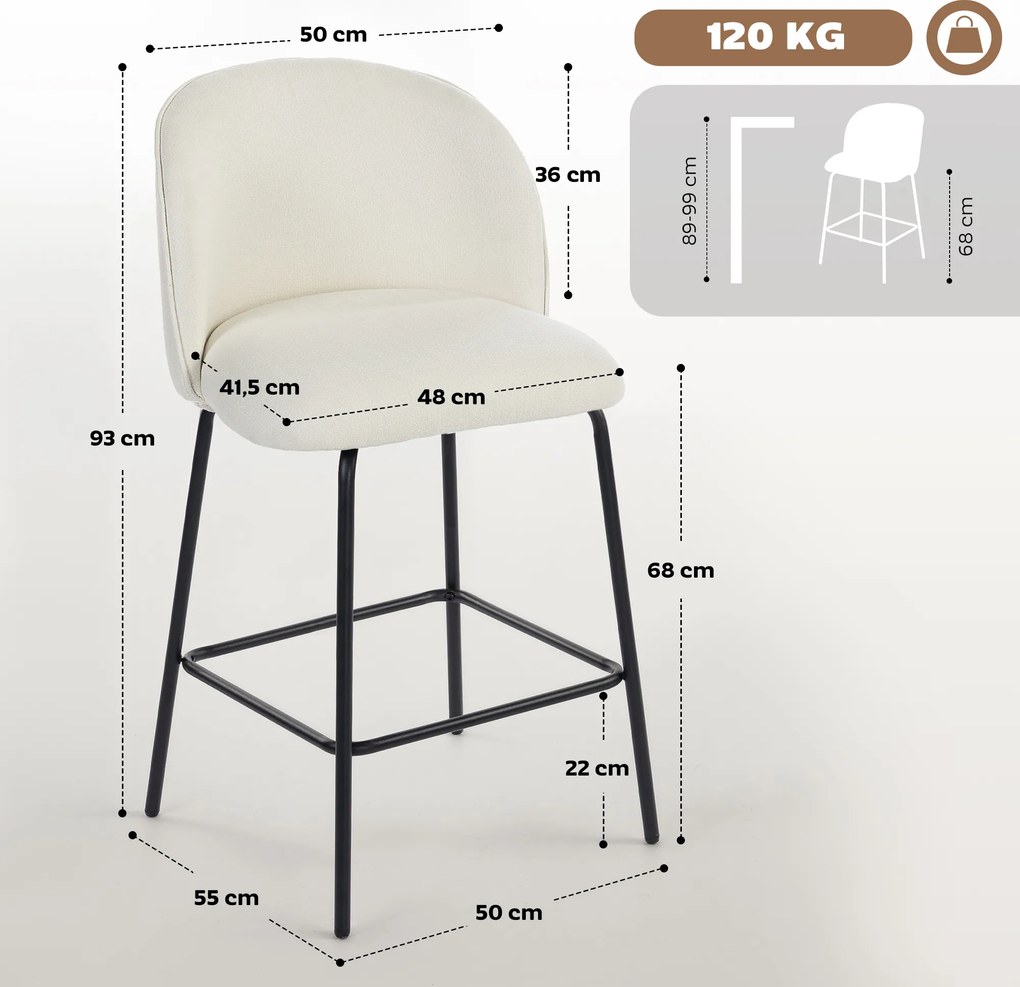 Conjunto de 2 Bancos de Bar, 55 x 50 x 93 cm, Encosto Ergonómico, Creme