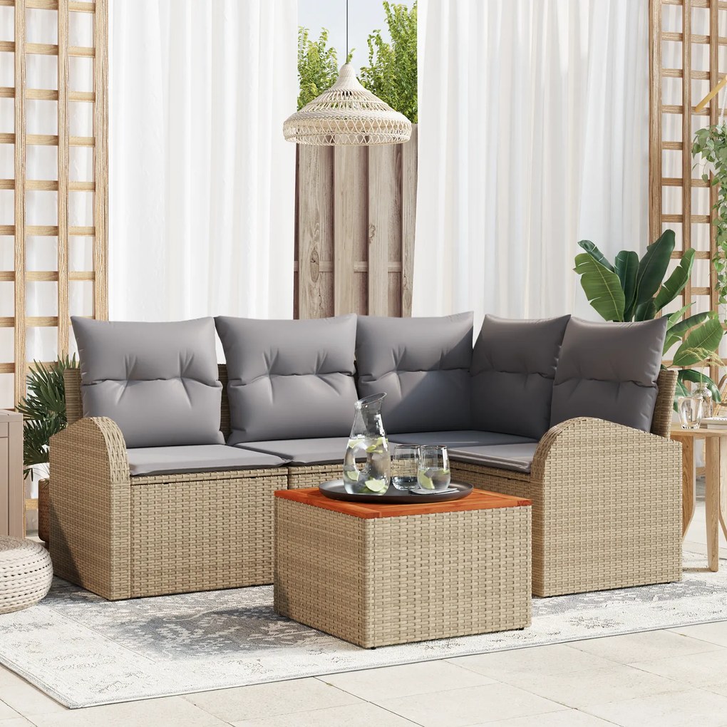 vidaXL Conjunto de Sofá de Jardim de 5 Peças com Almofadas em Bege Polirattan e Acácia