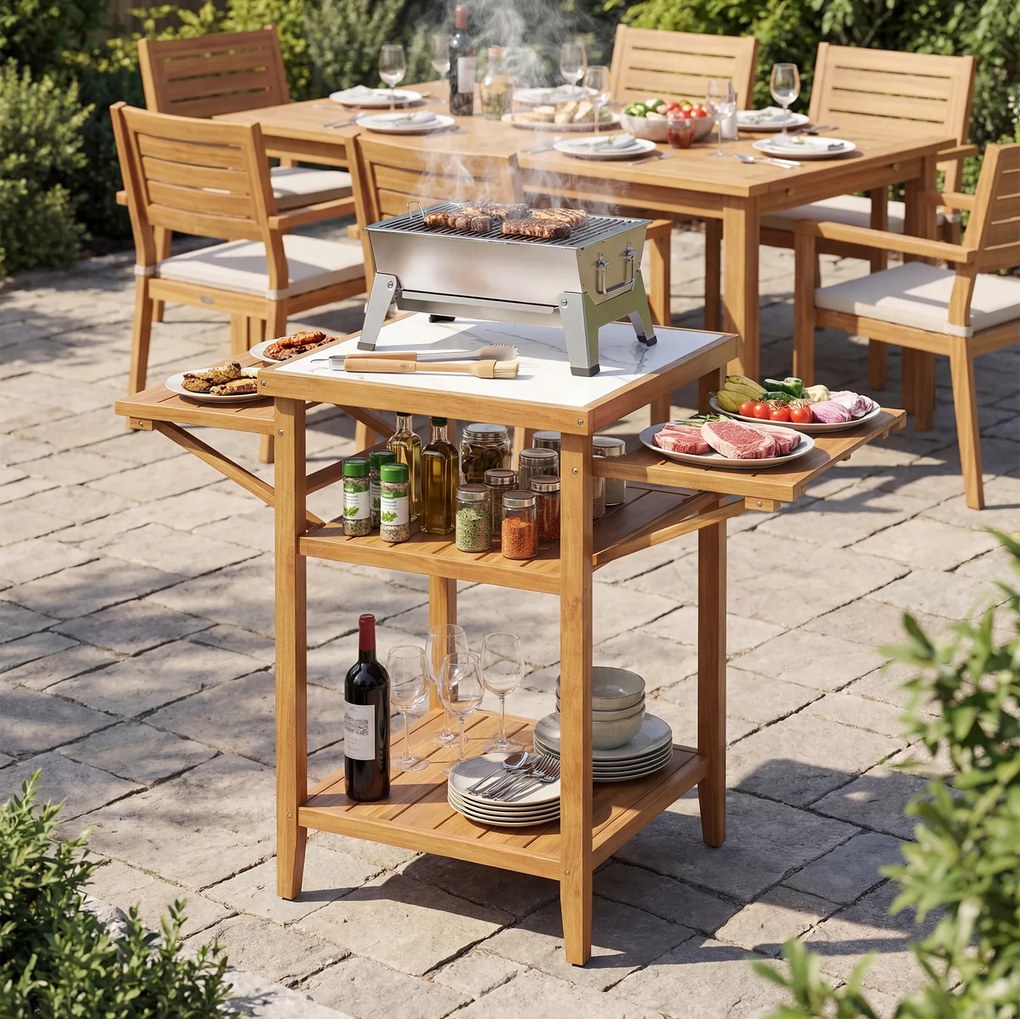 Mesa jardim de churrasco 124,5 x 60 x 89,5 cm em madeira de acácia com tabuleiros laterais dobráveis e estantes de arrumação para festas de churrasco
