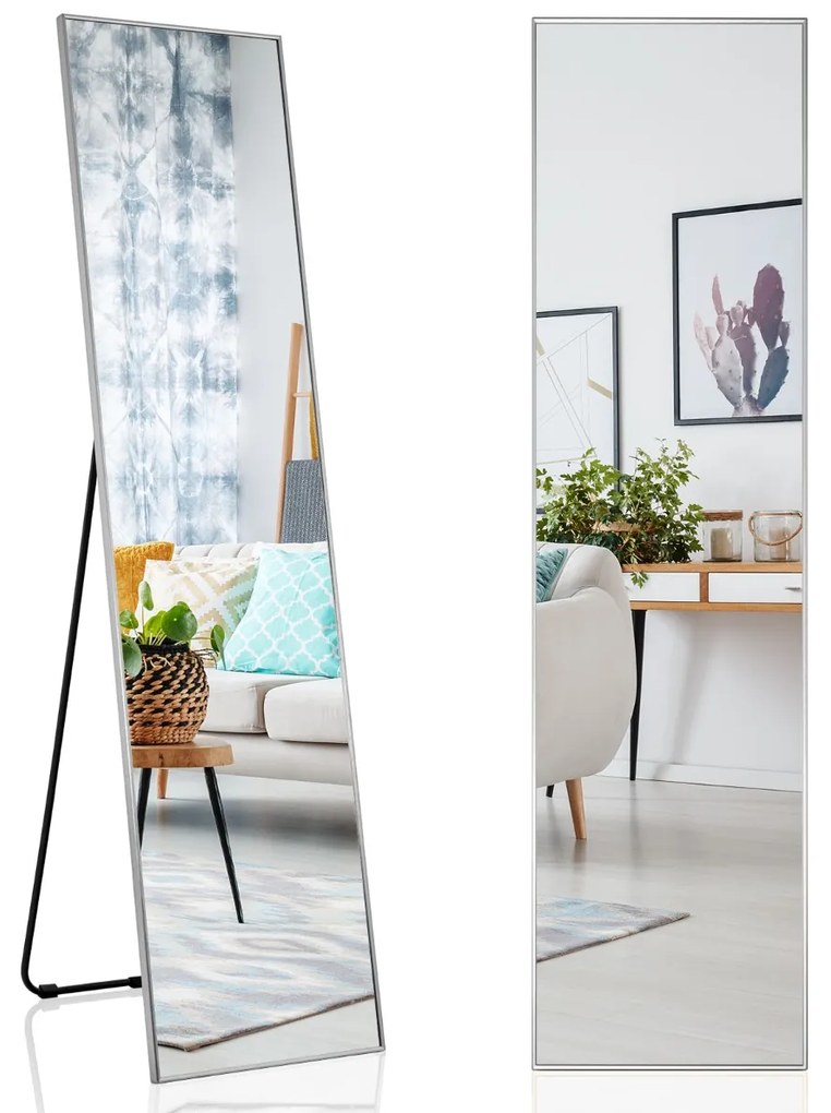 Espelho retangular 160x40cm em pé ou espelho de parede com moldura de liga de alumínio de vidro inquebrável para corredor do quarto Prateado