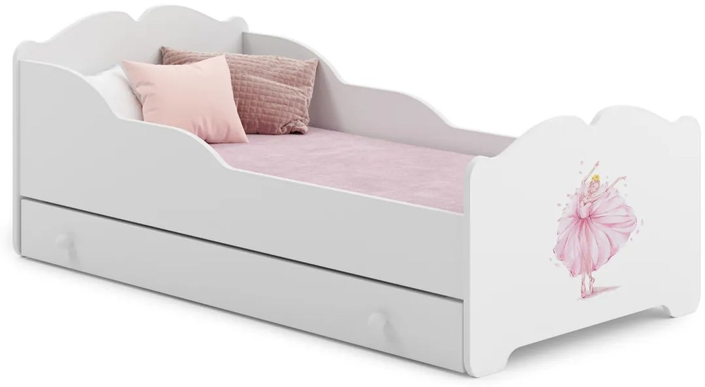 Cama infantil ANNA branca com gaveta 160x80 - bailarina - colchão e estrado incluído