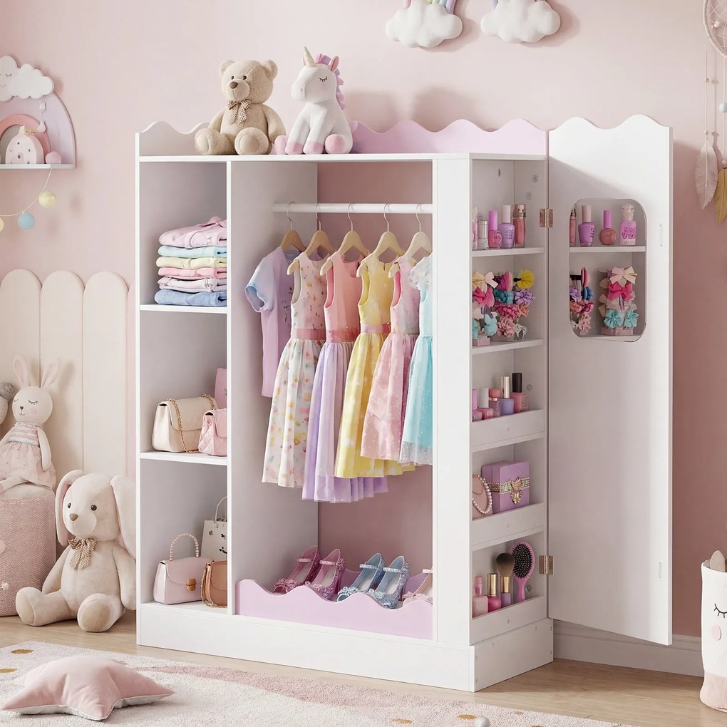 Armário Infantil para Roupa, 88 x 36 x 118,5 cm, Espelhos Interior e Exterior, Rosa