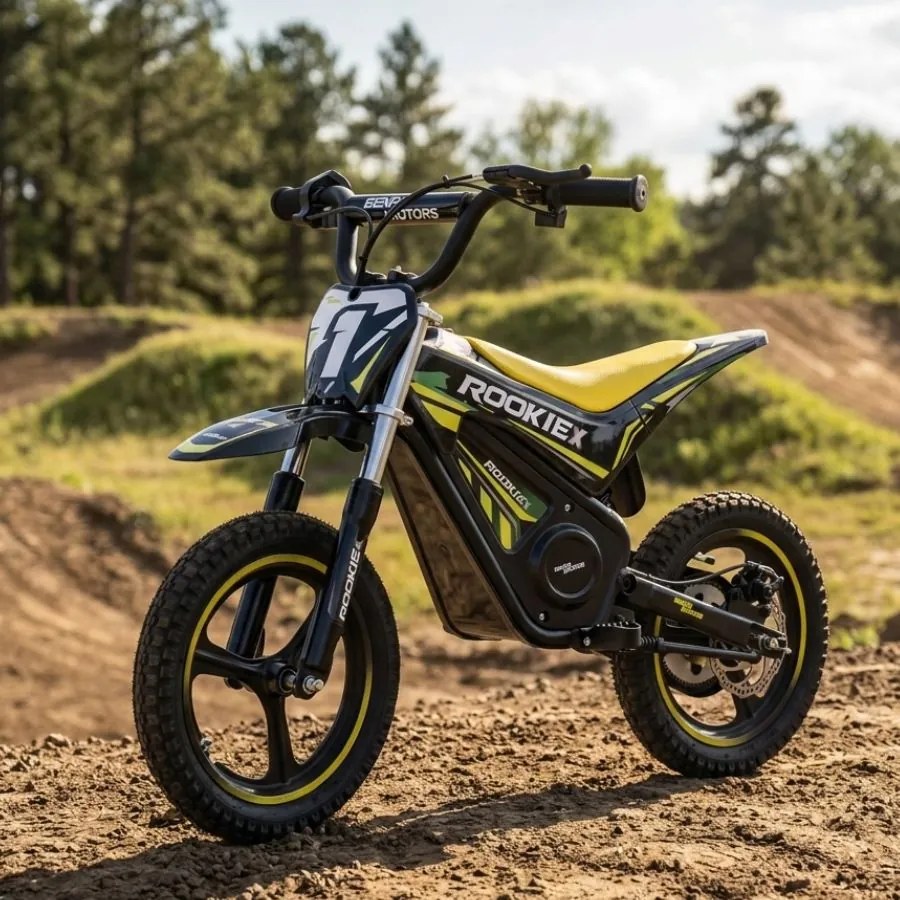 Mota elétrica infantil ROOKIE X 24V (14"), bateria de lítio, motor de 250 W, travão de disco Verde Amarelada