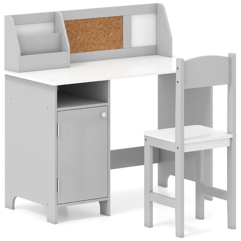 Conjunto de Secretaria e cadeira para crianças com quadro negro, marcador, prateleira e armário de armazenamento Cinzenta