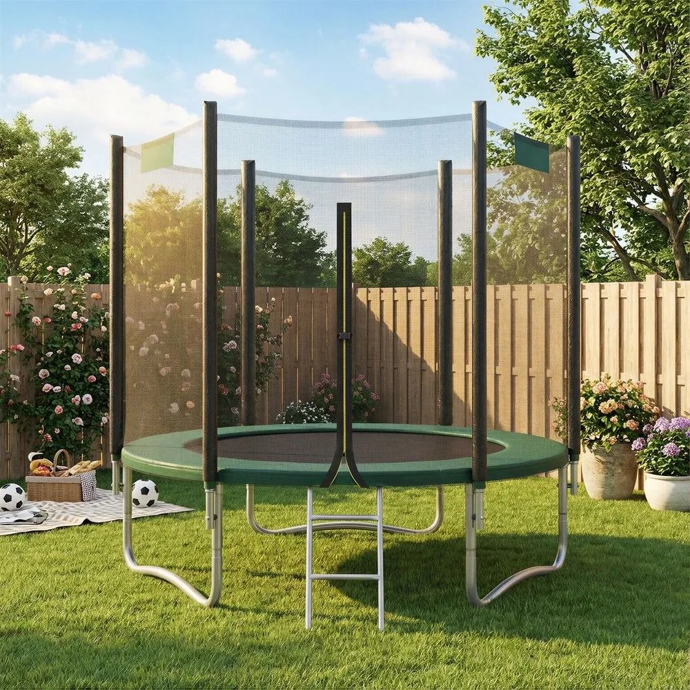 Trampolim de 244 cm, de jardim para crianças com rede de segurança e cobertura lateral Verde escuro