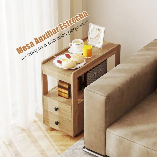 Mesa Lateral para Sofá ou Mesa de Cabeceira 65 x 30 x 62 cm com 2 Gavetas e Prateleiras Abertas com Rodas para Sala Natural