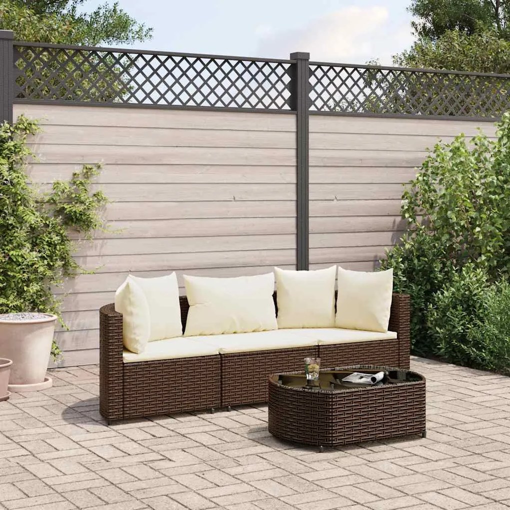 vidaXL 4 pcs conjunto sofás de jardim c/ almofadões vime PE castanho