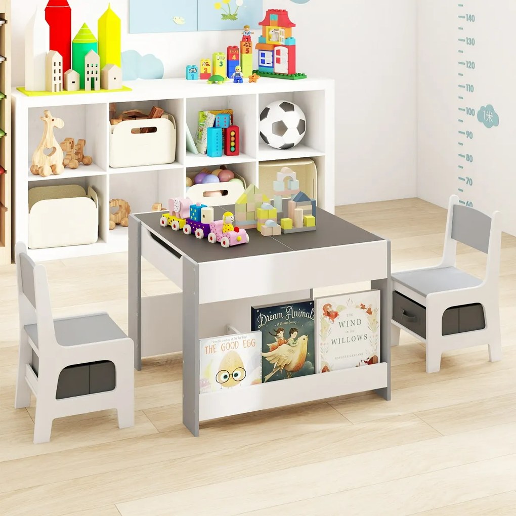 Conjunto de mesa e cadeira para crianças 4 em 1 Mesa de atividades para crianças com painéis dupla face e prateleiras laterais 2 cadeiras Branco + Cin