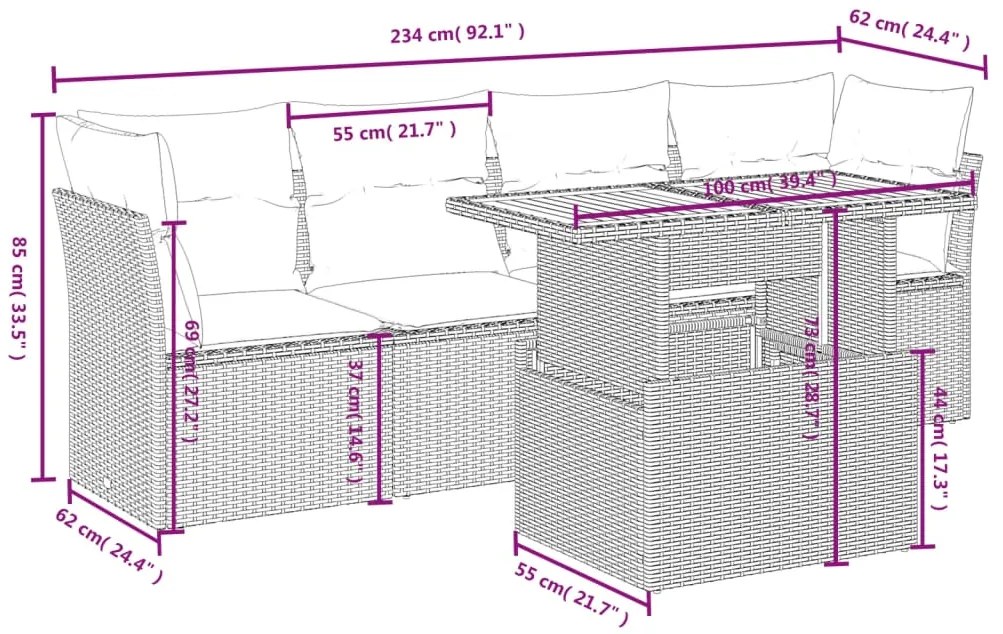 5 pcs conjunto sofás de jardim c/ almofadões vime PE cinzento