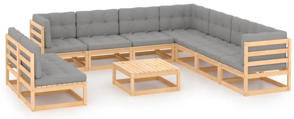 10 pcs conjunto lounge de jardim c/ almofadões pinho maciço